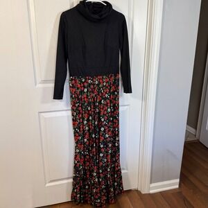 Vintage 70s Black Cowl Neck Long Sleeve Maxi Dress Cherry Floral Print Size 12